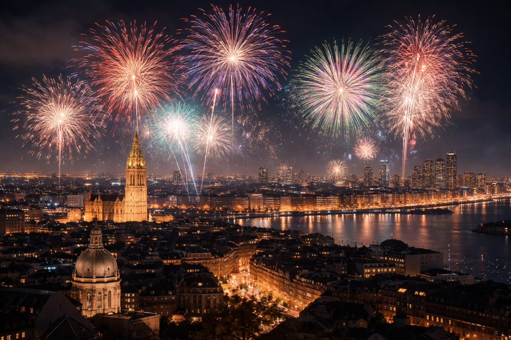 stadszicht met vuurwerk